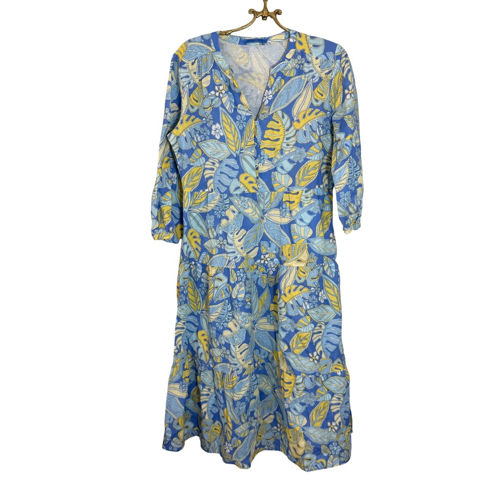 J.McLaughlin Blue Yellow Tropical Leaf Tiered Midi Dress Medium Side Zip Linen